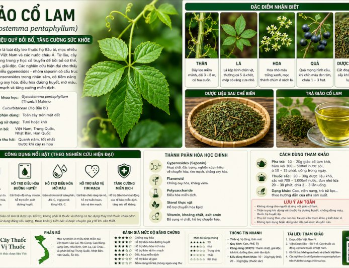 Giảo cổ lam (Gynostemma pentaphyllum) Đặc điểm, công dụng, cách dùng và những lưu ý khi sử dụng